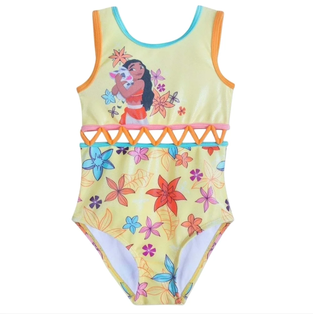 Disney Moana Swimsuit Girls 3T One Piece Yellow Floral Pua Graphic - Picture 1 of 9